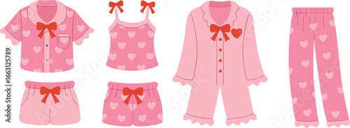 Pink women's pajama sets with heart patterns, short sleeve shirts, camisoles, shorts, long pants, cozy sleepwear, cute bows, comfortable loungewear, stylish nightwear collection illustration