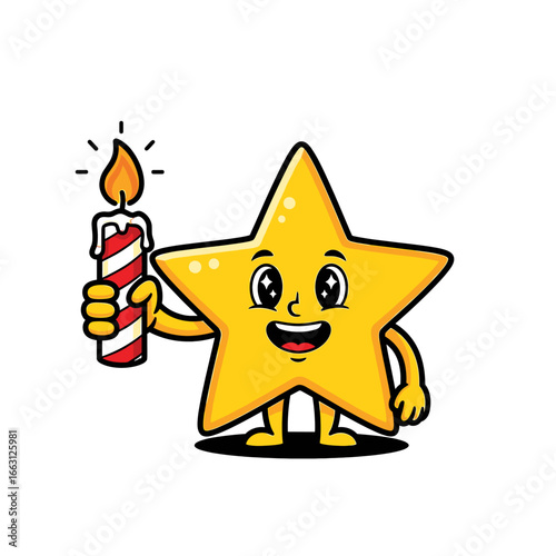 Cartoon star character holding a lit striped candle, smiling with a happy expression.