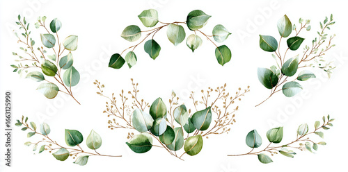 Green watercolor Eucalyptus branches on a white background. Use for botanical design, wedding invitations, branding, or wall art.