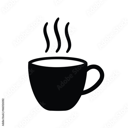 A minimalist black and white illustration of a steaming coffee cup