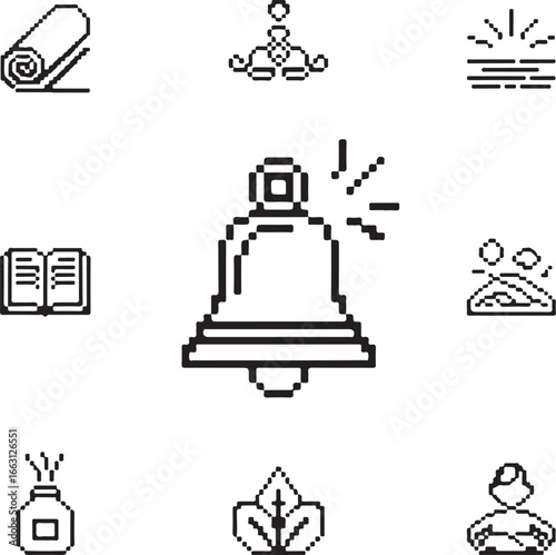 Mind & Wellness Pixel Vector Icons Mindfulness Bell, Yoga Mat, Breathing Exercise, Journaling, Nature Scene, Aromatherapy, Positive Affirmation