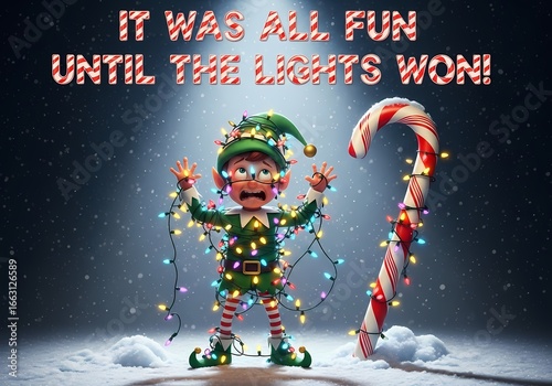 Christmas Elf Tangled in Lights. A photorealistic, comical scene of a mischievous Christmas elf tangled up in twinkling holiday lights, looking both embarrassed and adorable.
