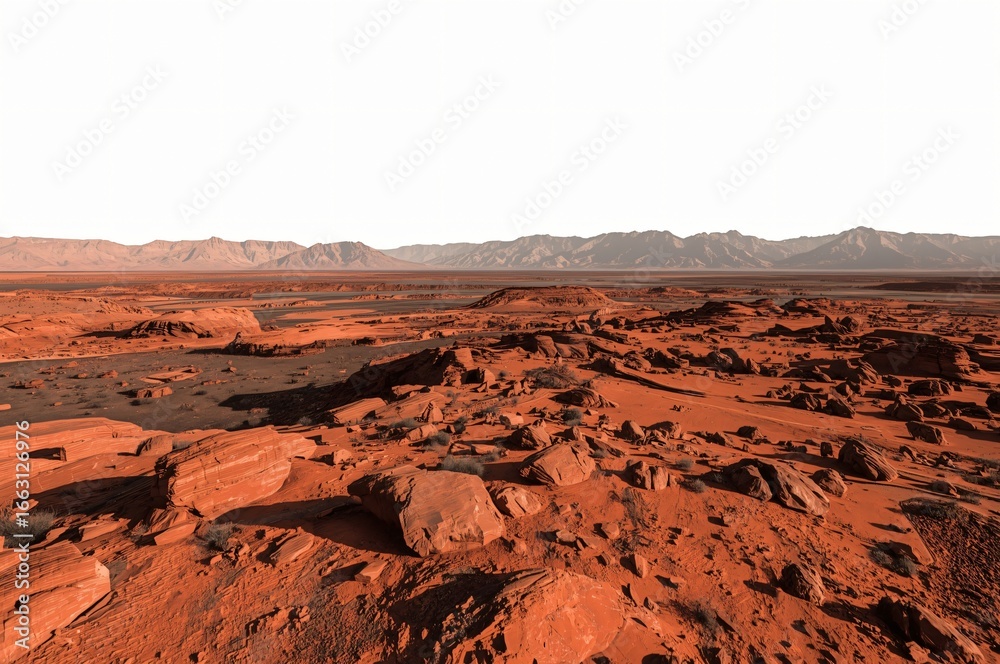 Fototapeta premium Martian landscape, red rocks, desert panorama, mountains, background