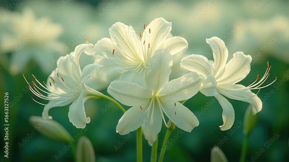 Fototapeta premium Close-up of white lilies in soft sunlight