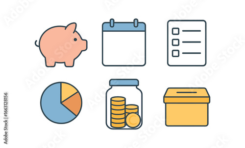Financial planning icons: piggy bank, calendar, checklist, pie chart, coin jar, donation box