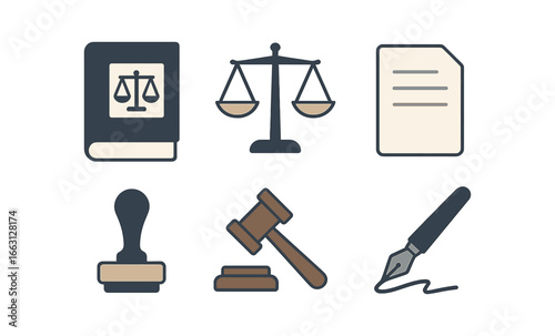 Legal icons set featuring scales, gavel, and documents on grunge background