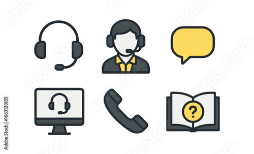 Customer support icons set with headset, operator, and communication symbols