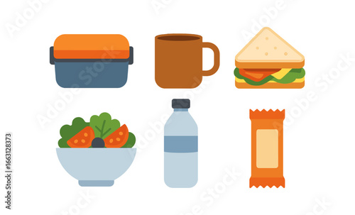 Flat style packed lunch set with sandwich, salad, and coffee mug