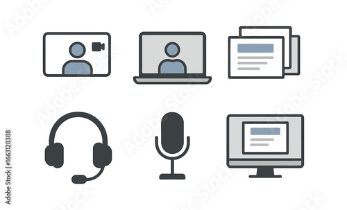 Video call technology icons in minimalist silhouette design for digital communication