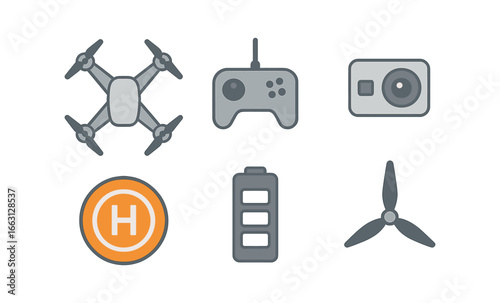 Set of silhouette drone icons featuring game controller and camera in gradient style