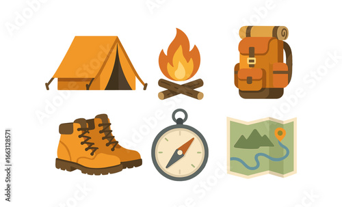 Outdoor adventure essentials - camping gear and icons collection