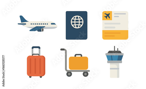 Travel essentials icons: airplane, passport, tickets, luggage, airport control tower