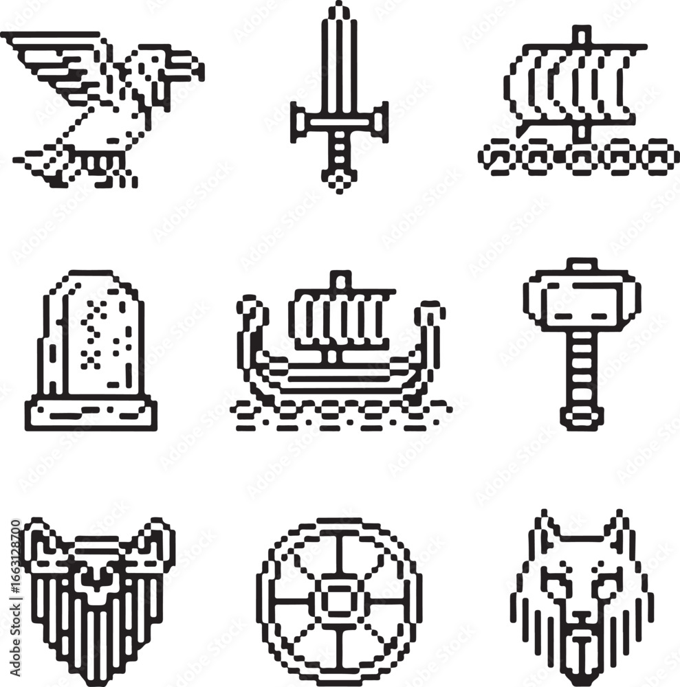 Fototapeta premium Norse Mythology Pixel Vector Icons Odin’s Raven, Viking Sword, Longship, Thor’s Hammer, Runestone, Nordic Shield, Wolf Symbol