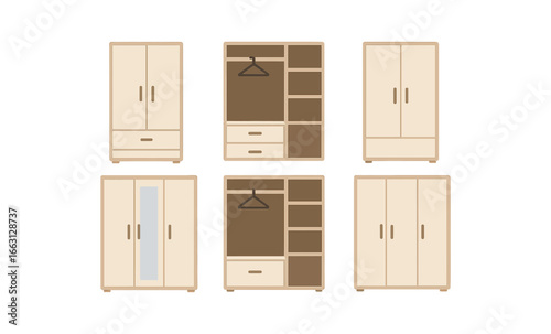 Modern wardrobe set with various compartments in minimalistic flat design