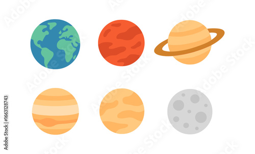 Colorful flat style planets with glow effects in space
