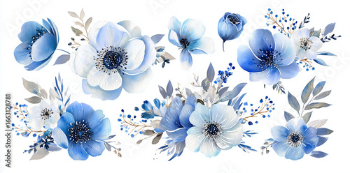 Blue Floral Watercolor Clipart Set. Delicate blooms on white for digital art, wedding invites, or branding projects.