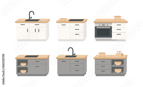 Modern flat design kitchen cabinets with appliances and accessories
