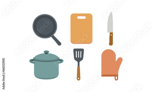 Kitchen essentials: contemporary flat icons of cooking tools in warm tones
