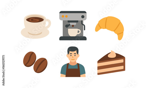 Modern coffee shop icons: barista, espresso machine, croissant, coffee cup, coffee beans, cake