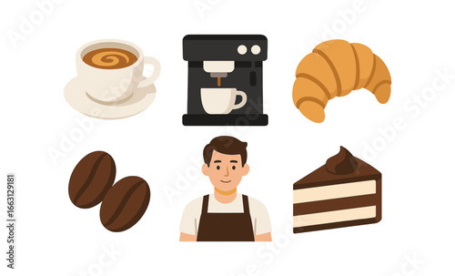 Coffee shop essentials: barista, espresso machine, and fresh pastries