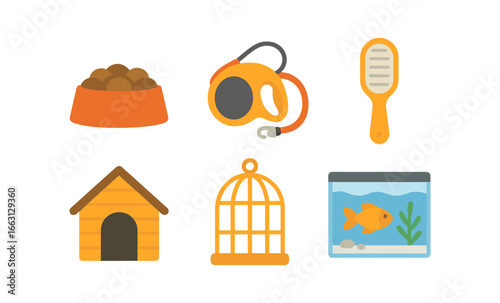 Glowing pet care icons: bowl, cage, brush, fish tank, house, feeder