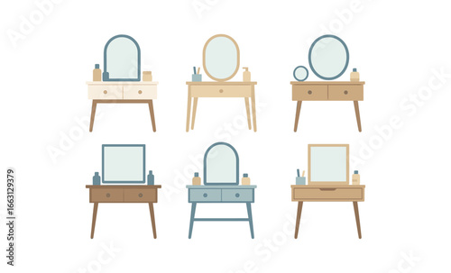 Retro dressing tables with mirrors and cosmetics in warm tones