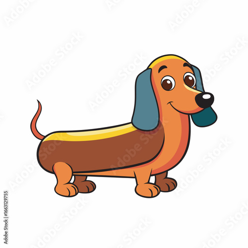Adorable Cartoon Dachshund Standing Happily with a Cheerful Expression and Playful Pose on White Background