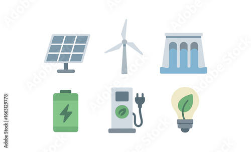 Renewable energy icons set featuring solar, wind, and hydroelectric elements