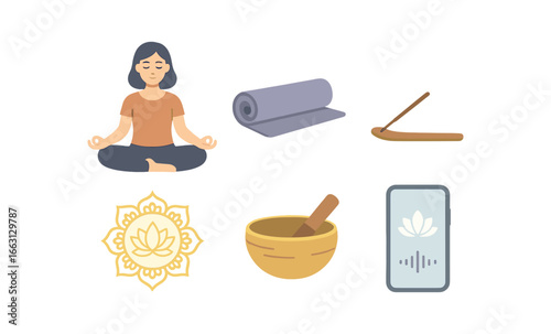 Relaxed woman meditating with yoga elements and soothing sounds