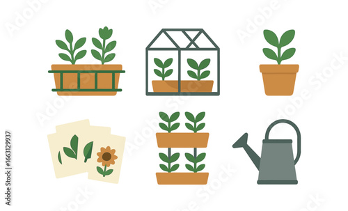 Glowing garden elements: neon potted plants, greenhouse, and seed packets