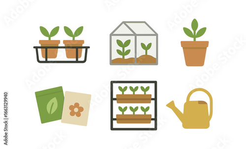 Glowing garden icons: seedlings, greenhouse, pots, and watering can