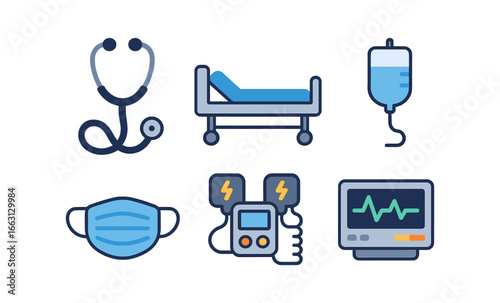Healthcare icons set: stethoscope, hospital bed, iv, mask, defibrillator, monitor