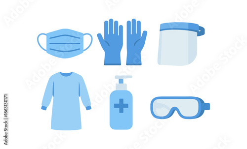 Essential protective gear: mask, gloves, face shield, gown, sanitizer, goggles