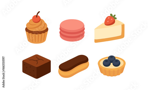 Delicious desserts collection featuring cupcake, macarons, and cheesecake with fruit toppings