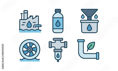 Water filtration and supply icons set in modern linear style for industrial use