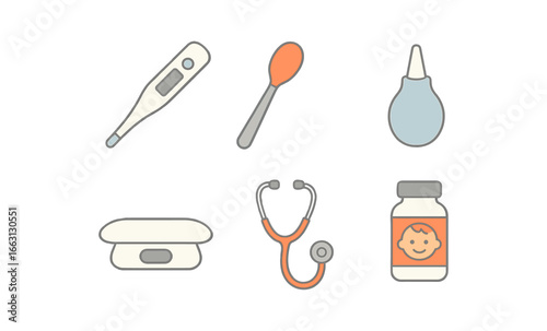 Pediatric health essentials: thermometer, medicine spoon, bottle, and more in linear style