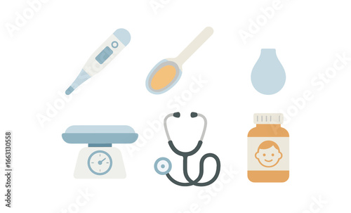 Neon baby care icons set featuring health and feeding essentials