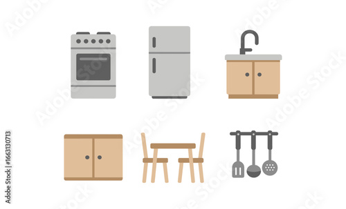 Modern kitchen appliances and furniture in neon glow on dark background