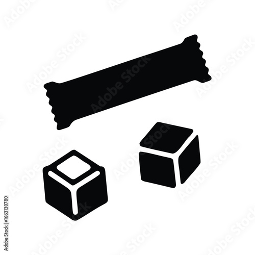 Minimalist design featuring a sugar packet and two sugar cubes in black silhouette