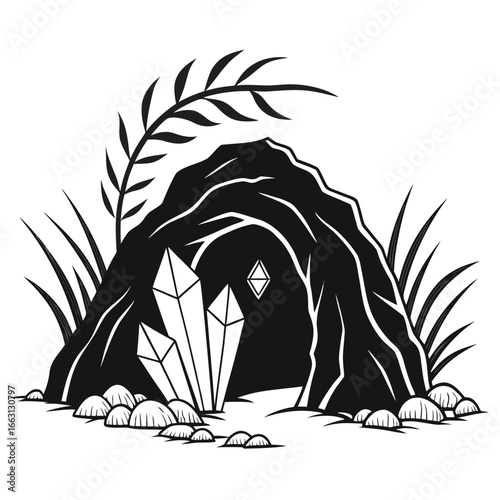 Cave with crystals silhouette