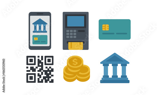 Digital finance icons with qr codes and mobile banking elements in 3d design