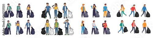 People Holding Trash Bags Character Set