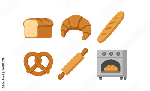 Glowing bakery elements with bread, croissant, and pretzel on gradient background