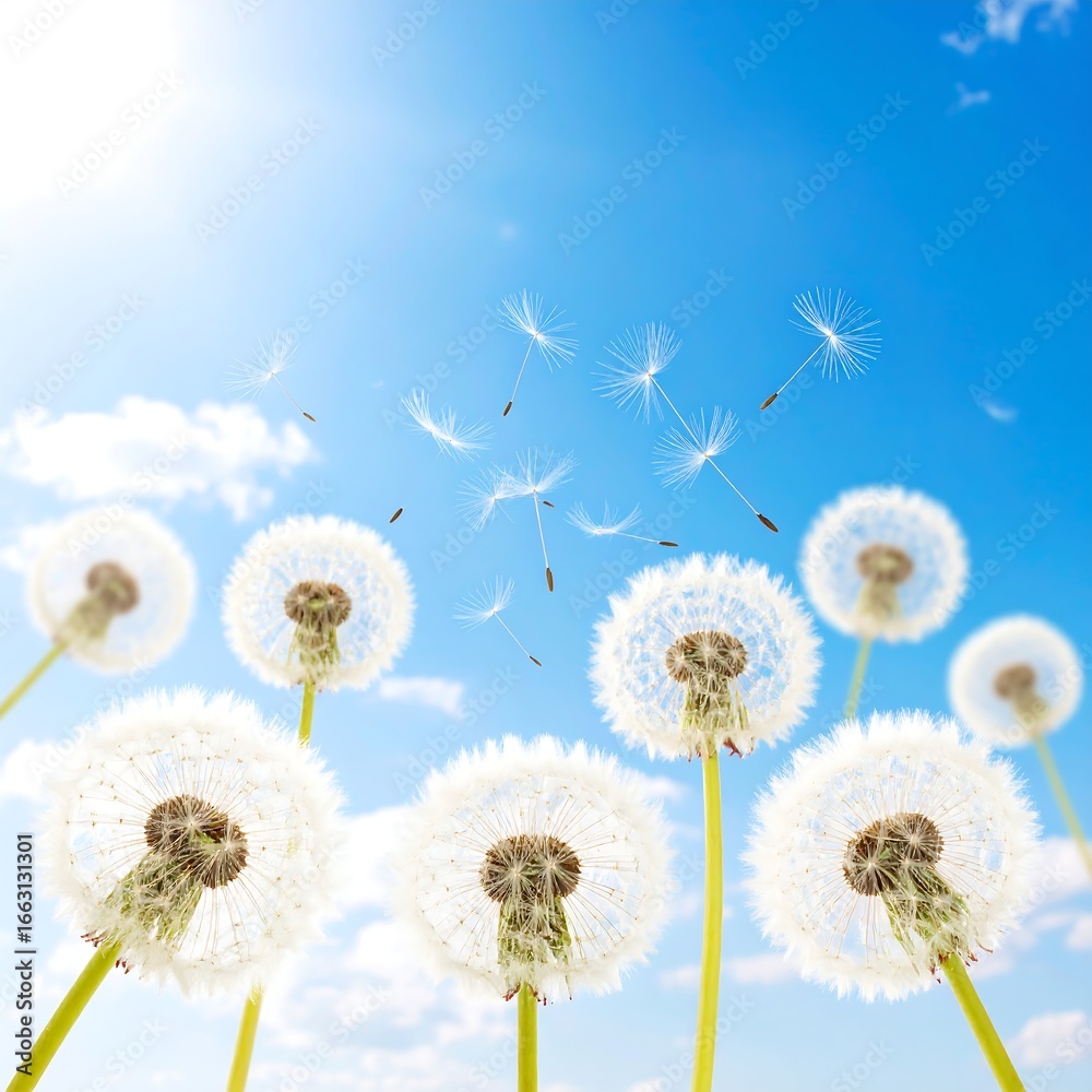 Obraz premium Dandelions in flight against a bright blue sky