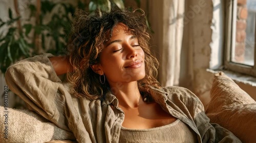 Serene Woman Relaxing in Warm Sunlight with Peaceful Smile