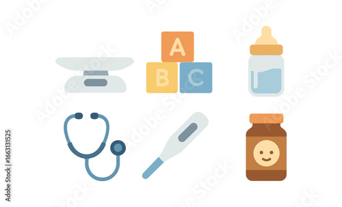 Neon glowing infant care icons with toys and medical equipment