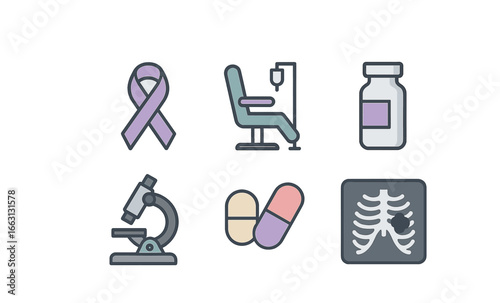 Medical healthcare icons set featuring cancer awareness, treatment, and diagnostics