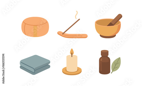 Relaxing aromatherapy set with incense, candle, and essential oils in soft glow