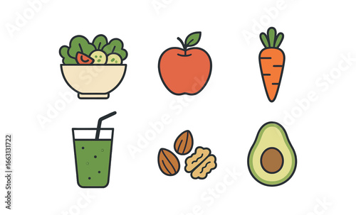 Fresh and healthy food icons in outline style: salad, fruit, vegetables, and nuts