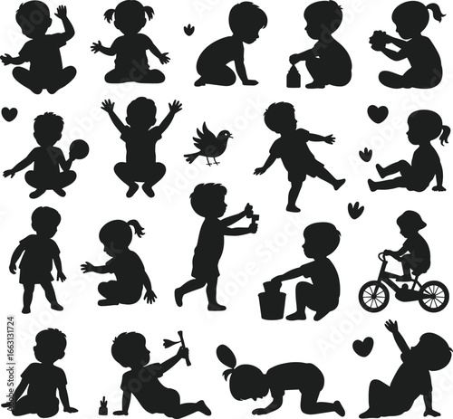 Children silhouette vector set, sitting, running, playing, crawling, drawing, cycling, jumping, interacting with toys and nature, childhood activity lifestyle concept illustration